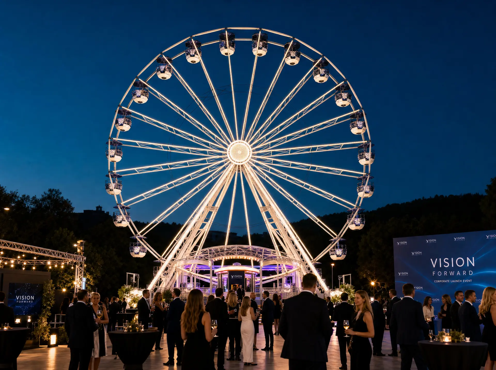 Riesenrad für Firmenevent mieten — 38-Meter-Event-Riesenrad mit Branding-Beleuchtung bei Nacht